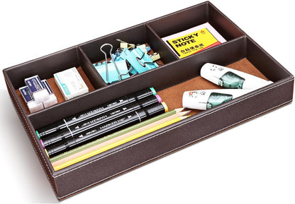 KINGFOM Pu Leather Desk Organizer Tray, 4 Compartment Office Storage Supplies Stationery Drawer Tray, Nightstand Bedside Tray for Key, Wallet, Watch, Coin, Phone Valet Tray Stackable