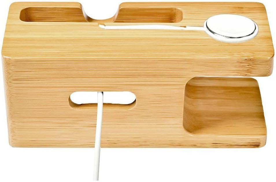 MOOZO Bamboo Wood Desktop Charging Dock Station Charger Holder Cradle Stand Compatible iPhone 16 15 14 13 12 11 Pro Max Apple Watch 2 3 4 / iWatch Samsung Galaxy S8 S7 S6 Edge Plus LG HTC Smartphones