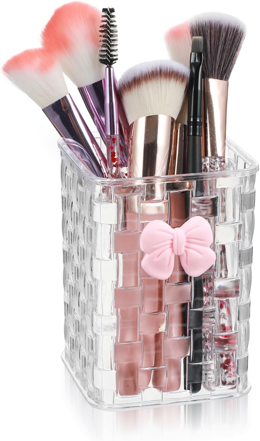 Acrylic Pen Holder for Desk, Cute Clear Makeup Brush Holders with Woven Texture and Bow, Transparent Pencil Organizer for Office Home School Cosmetic, Back To School Gift for Teachers Classmate