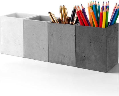 Henoyso 4 Pcs Concrete Pen Holder for Desk Modern Aesthetic Desktop Pencil Cup with Non-slip Dots Gray-tone Pencil Holder for Desk Organizer Office Supplies Stylish Office Decoration