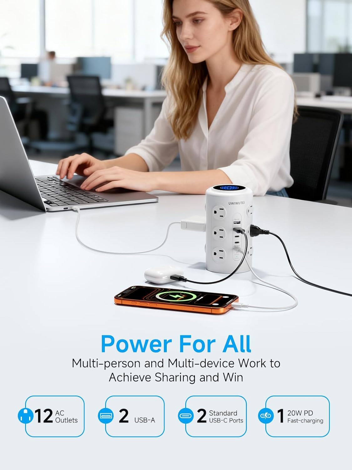 Surge Protector Power Strip - Desk Charging Station with 15W Wireless Charger, Multiple Outlets Charging Station with 16 2300J AC Outlets & 5 USB (2 USB C) Port, for Home, Office, Dorm Room