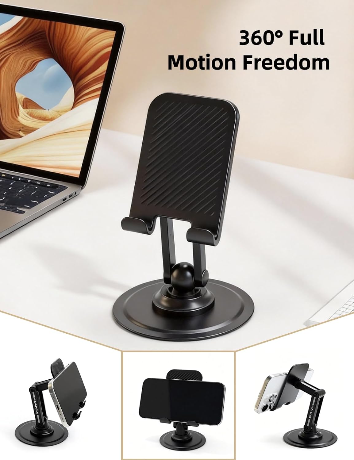 Phone Stand for Desk, Adjustable Dual-Axis 360° Rotating Sturdy Cell Phone Holder, Anti-Loose Maintainable Design, Compatible with iPhone Android Smartphones