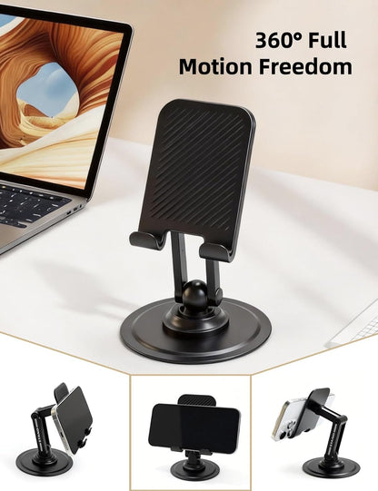Phone Stand for Desk, Adjustable Dual-Axis 360° Rotating Sturdy Cell Phone Holder, Anti-Loose Maintainable Design, Compatible with iPhone Android Smartphones