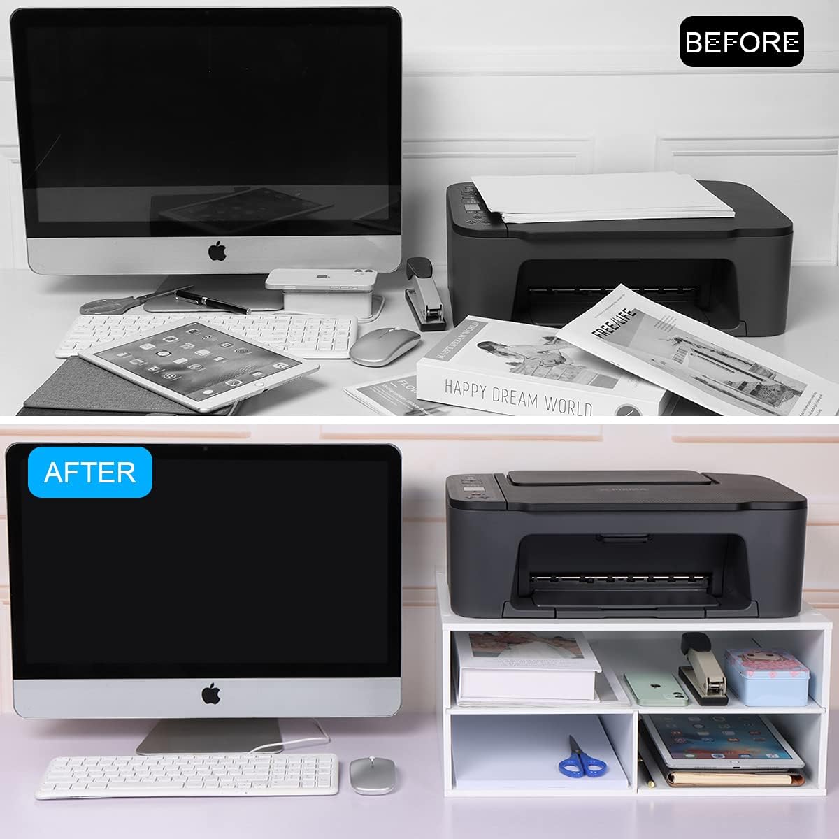 EMERIT Printer Stand Shelf with Storage Wood Desk Paper Organzier for Home/Office,Printer Riser, 2 Tire