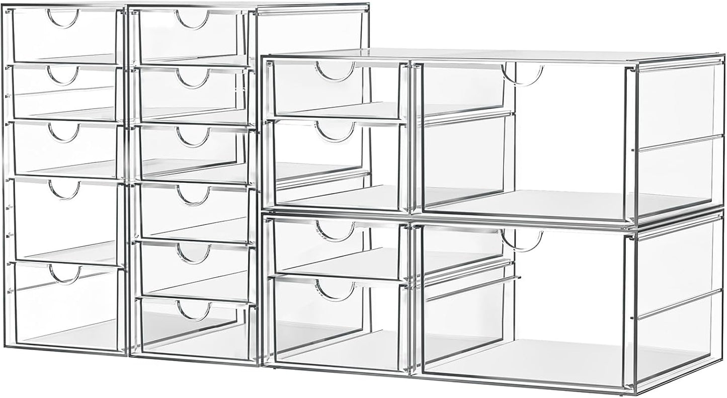 ARSTPEOE Makeup Acrylic Organizer with 17 Drawers(4 Sets), Desk Organizers and Accessories, Clear Makeup Organizer, Dustproof Storage Drawers for Office Art Craft Supplies