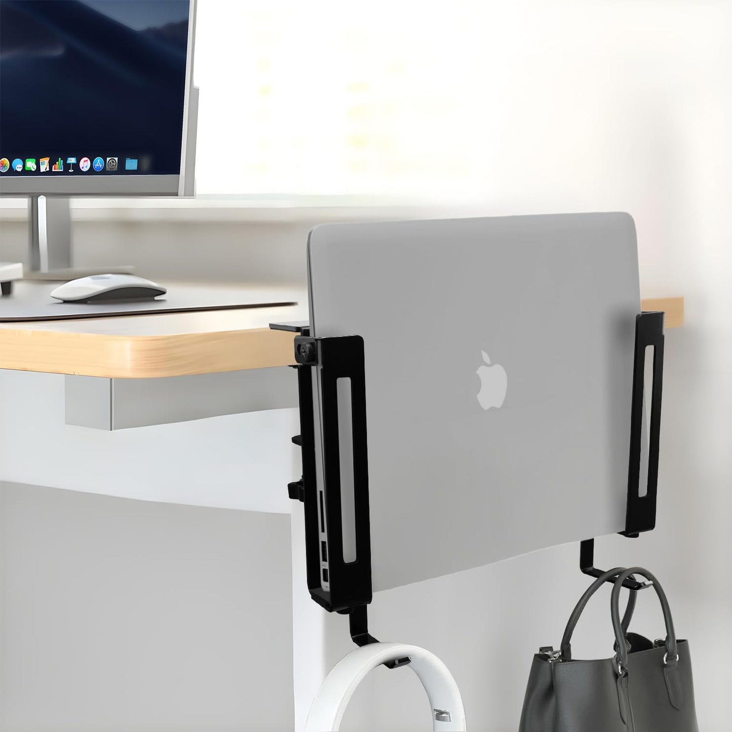 IFCASE Adjustable Desk Side Laptop Mount Holder with Headphone Hook, No Drill Desk Storage Organizer (White)