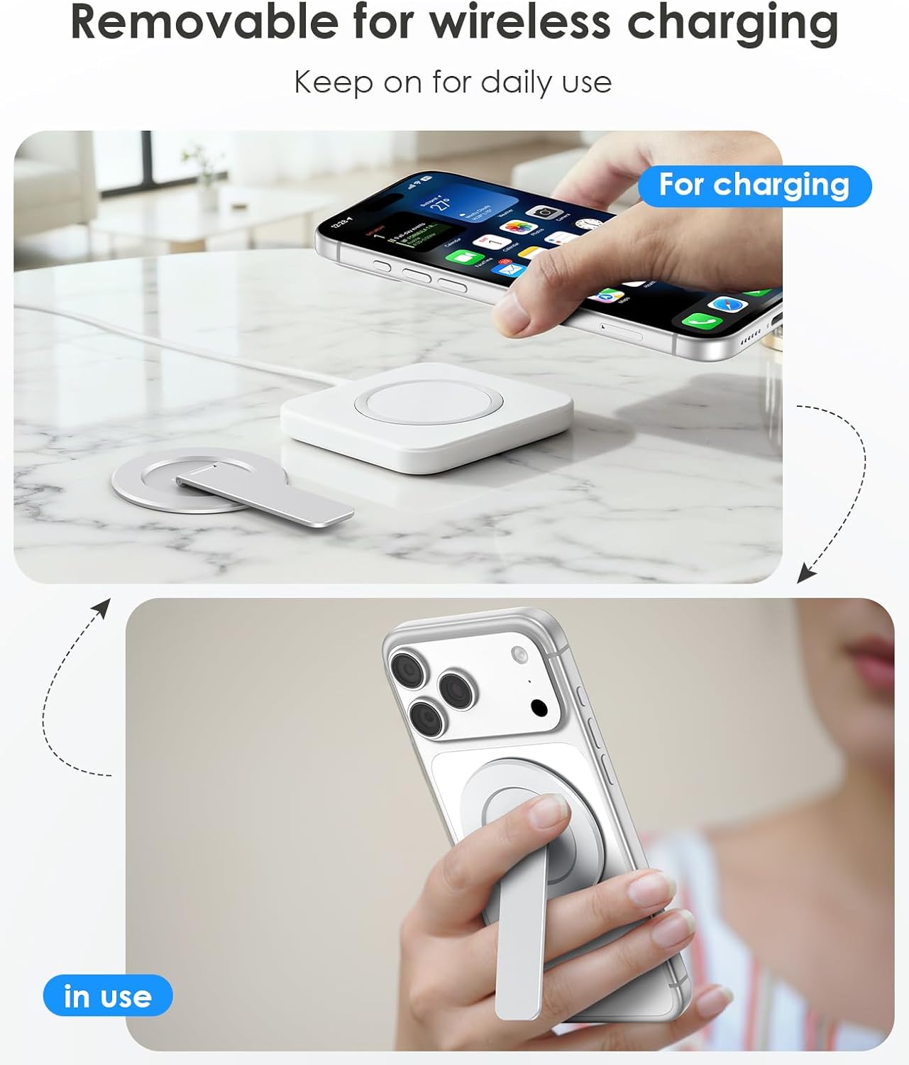 Magtame Double-Sided Magnetic Phone Stand Grip, Strong Magnetic Kickstand Desk Holder for Mag&Safe and Smartphone, Foldable Adjustable Design, Silver