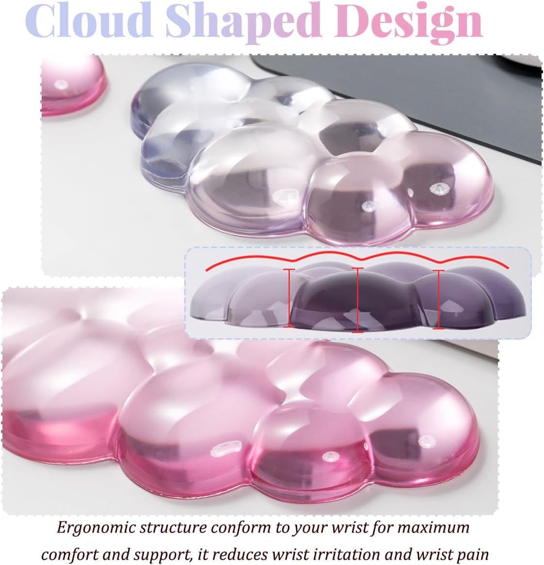 Gel Keyboard Wrist Rest Cloud Set, Clear Ergonomic Wrist Support and Arm Support Keyboard Rest for Typing Pain Relief, with Non-Slip Soft Washable Wrist Rest(Pink Blue)