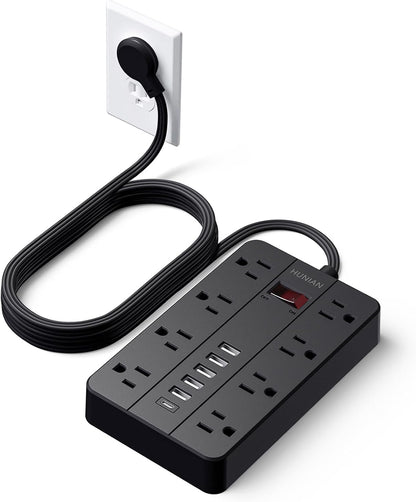 Power Strip with USB, Flat Plug Extension Cord Surge Protector 5 Ft, HUNIAN Power Strip with 8 Widely Spaced Outlets 6 USB Charger (1 USB C Port), Desk Charging Station for Home Office, White