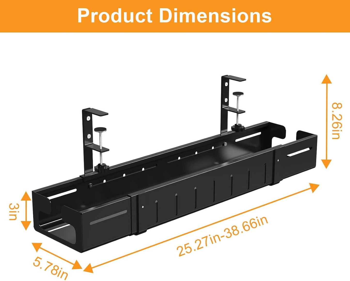 REALINN Under Desk Cable Management Tray Black, Expandable 25.27"-38.66" Sturdy Steel Desk Cord Hider Raceway for Office/Home