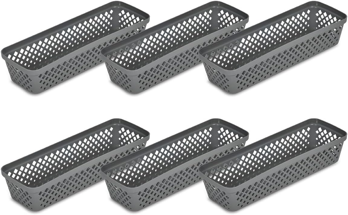 Glad Plastic Storage Basket Set - Multipurpose Drawer Trays, Kitchen Pantry Containers, and Bathroom Bins - 6 Pack Medium Organizers, Grey