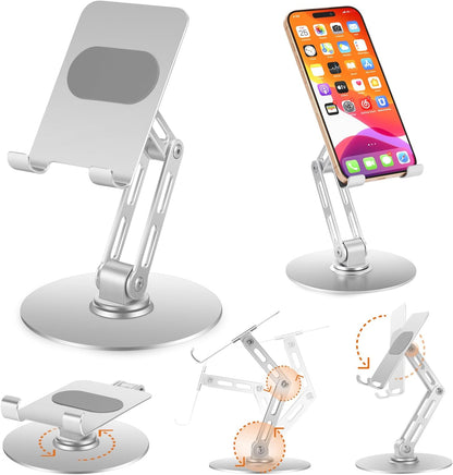 Adjustable Aluminum Phone Stand for Desk, No Wobble Heavy Base, Height Adjustable iPhone & iPad Stand, 360° Rotating Foldable Phone Holder for Desk Office Home (4–11”)