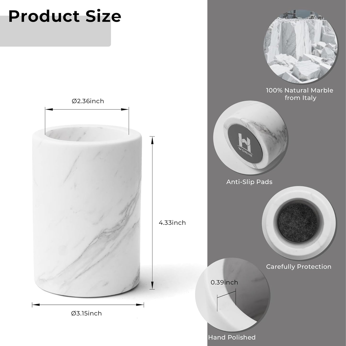 WORHE Pen Holder Stand Italy Natural Premium True Marble Makeup Brush Holders, Tableware Organizer Desk Pencil Cup for Home Office School Decor Dark Grey (DL012)