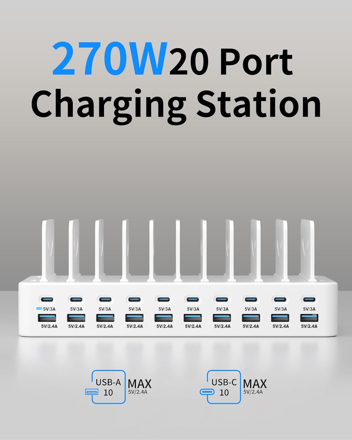 270W Charging Station for Multiple Devices, 20-Port USB Fast Charging Station with Adjustable Dividers & 10 Cables, Multi Device Organizer Charging Dock for iPhone, iPad, Tablets & More(Black)