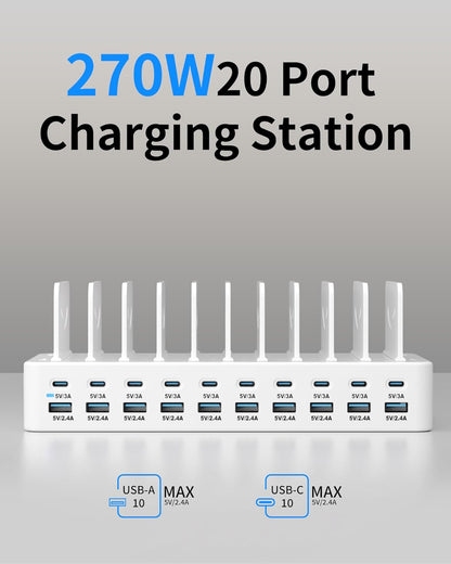 270W Charging Station for Multiple Devices, 20-Port USB Fast Charging Station with Adjustable Dividers & 10 Cables, Multi Device Organizer Charging Dock for iPhone, iPad, Tablets & More(Black)