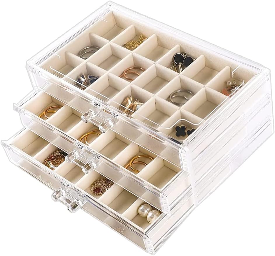 YUFONG Earring Organizer Box Acrylic Jewelry Organizer with 3 Drawers 54 Adjustable Grids Clear Stackable Earring Holder Velvet Trays Ring Display Case for Women Girls (Beige)