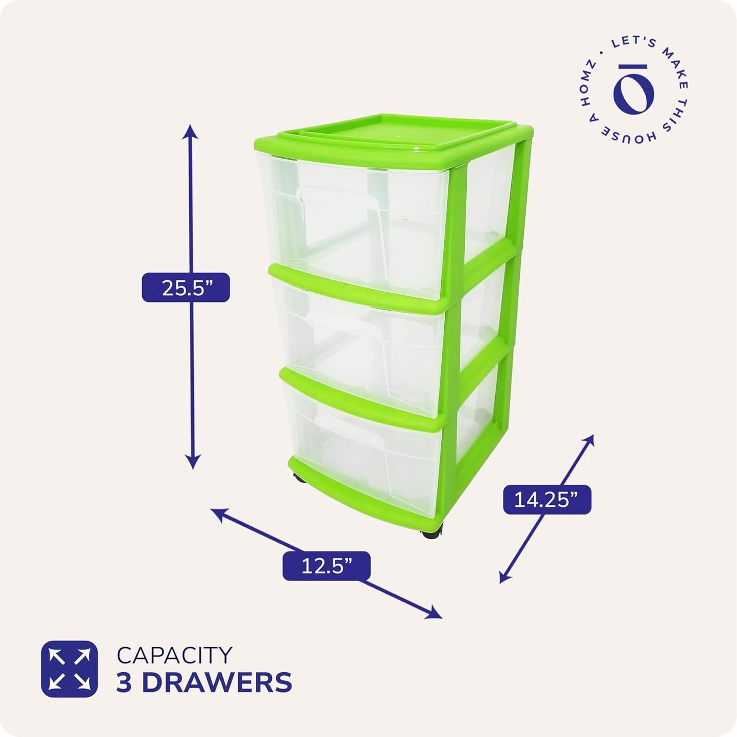 HOMZ Drawer Tower, 3-Tier Rolling Storage Cart with Removable Wheels, White Frame – Plastic Organizer with Clear Bin Drawers for Bedroom, Bathroom, Home Office, and Dorm Room