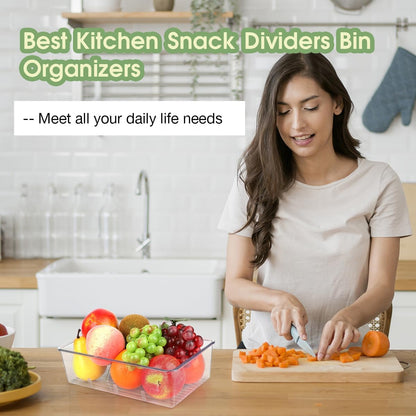 ZIZOTI Snack Organizer for Pantry Shelf, 6 Pack Clear Plastic Pantry Storage Bins with 3 Dividers for Snacks, Spices, Chips Food Organizer, Stackable Pantry Organizers for Kitchen, Fridge, Cabinet