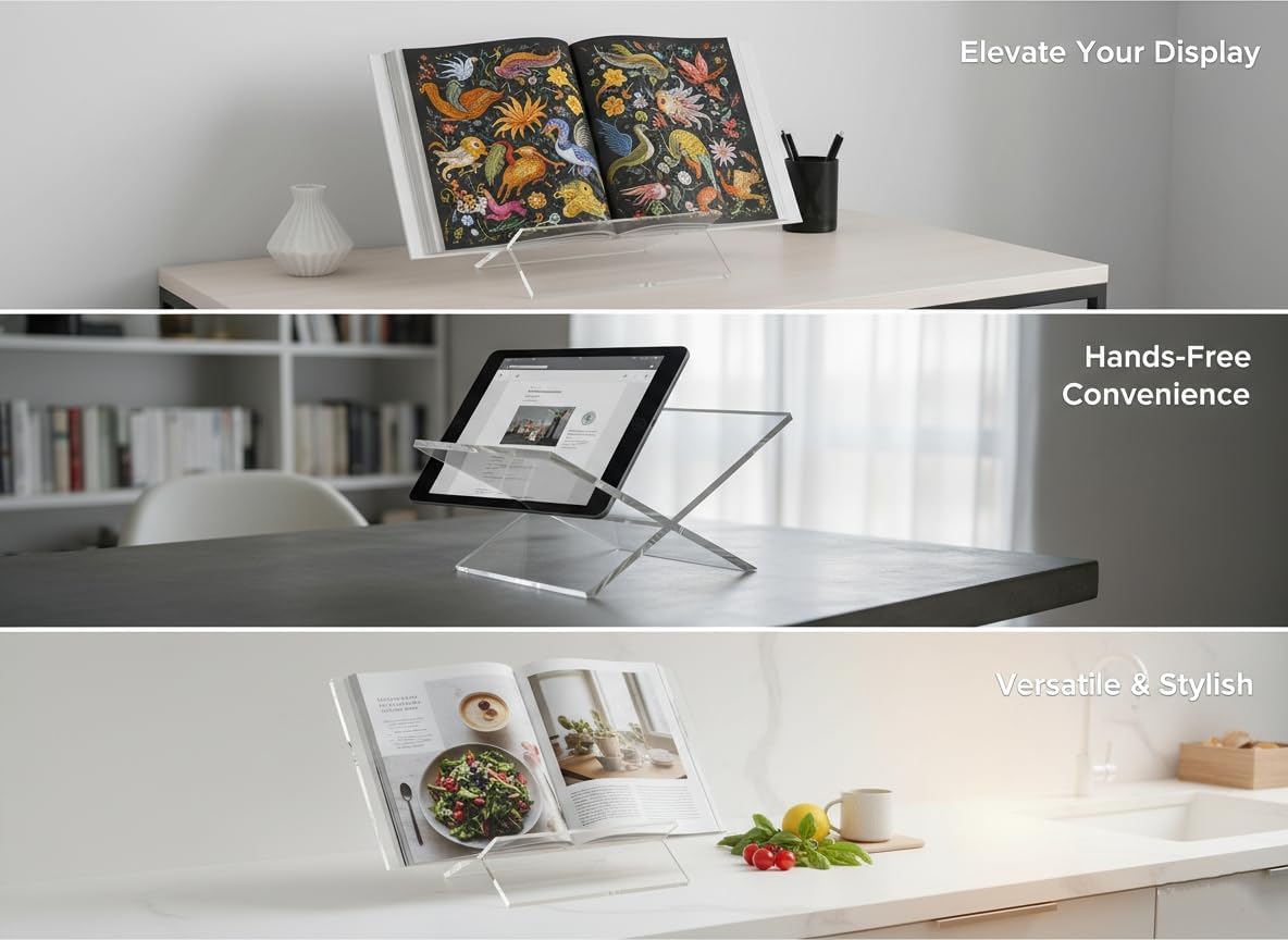 Acrylic Book Stand-Open and Closed Bookstand for Display Stand and Reading Coffee Table-Magazine and Book Holder-for Recipe Cookbooks,Documents,Textbook,Art Books,Bibles,Easel-Home and Office-Black