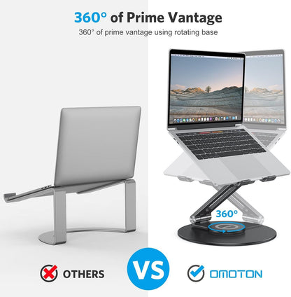 OMOTON Adjustable Laptop Stand with 360 Rotating Base, Ergonomic Laptop Riser for Collaborative Work, Dual Rotary Shaft Fully Foldable for Easy Storage, Fits All Laptops up to 16 inches, Silver