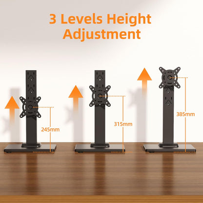 Suptek Single LCD Computer Monitor Free-Standing Desk Stand Mount Riser for 13 Inch to 43 Inch Screen with Swivel, Height Adjustable, Rotation, 50, 75, 100mm VESA Base Stand, Black