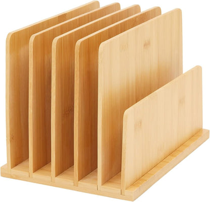 Bamboo Wooden Mail Holder, File Sorter for Letter and Folder Document Storage, Envelope Organizer with 5 Slots for Office Desk, Countertop, Home Organization (10x7 in)