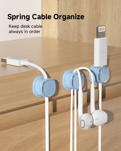 9 Pack Cord Organizer, Spring Cable Management, Adhesive Cute Cable Holder Clips, Phone Charger Wire Keeper for Desk Nightstand Car Office (9-Pack White_Orange_Blue)