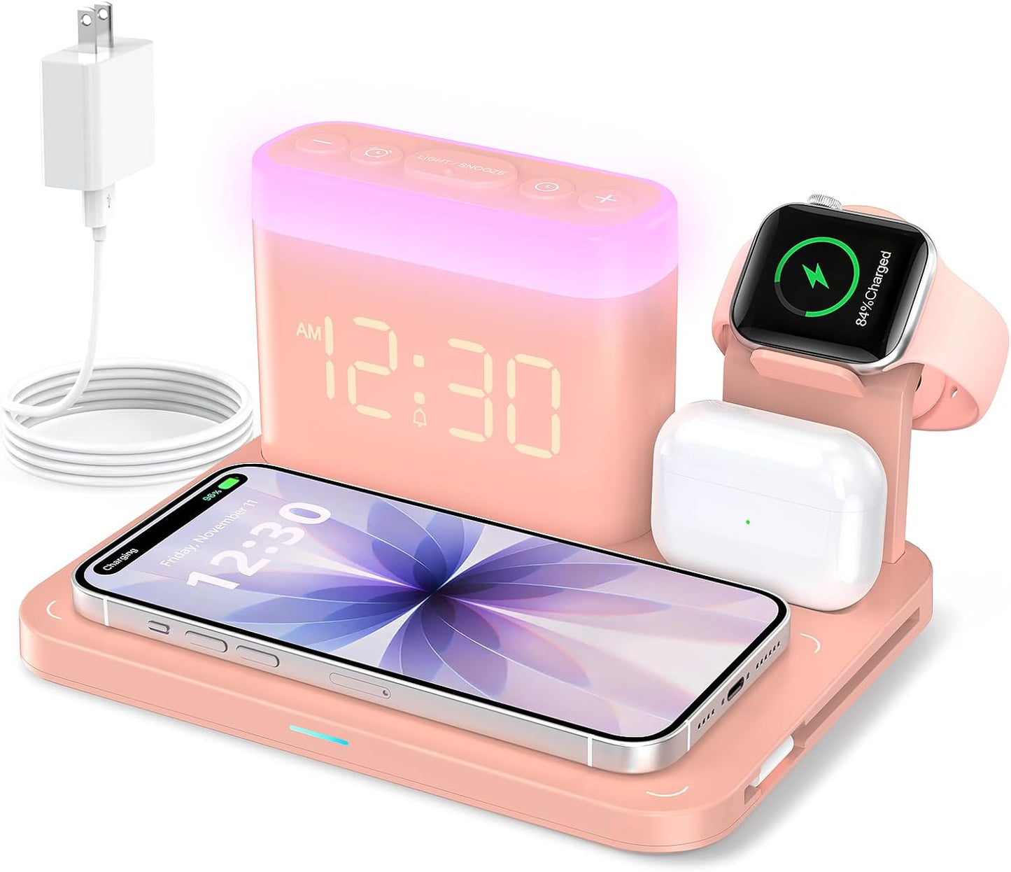ANJANK Wireless Charging Station,5 in 1 Multiple Charger Stand with Alarm Clock,7 Night Light,Mag-Safe Charging Dock for iPhone 17 16 15 14 13 12 Pro Max Plus,Apple Watch 11/10/9/8,for Airpods,Bedroom