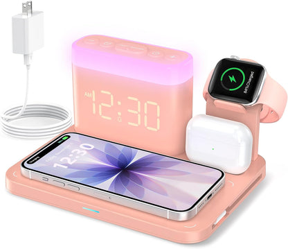 ANJANK Wireless Charging Station,5 in 1 Multiple Charger Stand with Alarm Clock,7 Night Light,Mag-Safe Charging Dock for iPhone 17 16 15 14 13 12 Pro Max Plus,Apple Watch 11/10/9/8,for Airpods,Bedroom