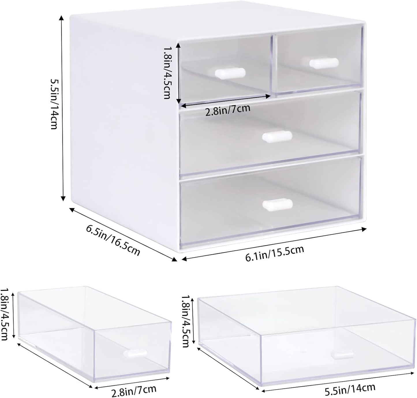 Desk Organizer with Drawer, Office Organizer with 4 Drawers, Desk Storage Box for, Desktop, Dressing table, Office, School, Home, Plastic Box and 4 Acrylic Drawers(White)