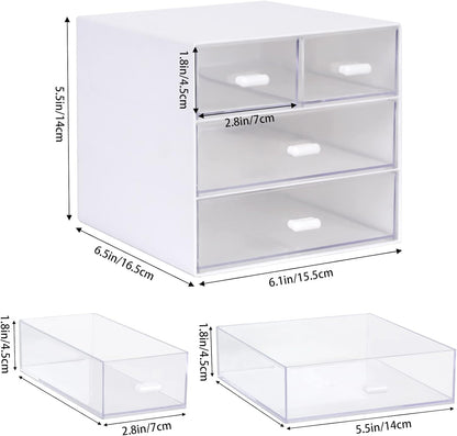 Desk Organizer with Drawer, Office Organizer with 4 Drawers, Desk Storage Box for, Desktop, Dressing table, Office, School, Home, Plastic Box and 4 Acrylic Drawers(White)