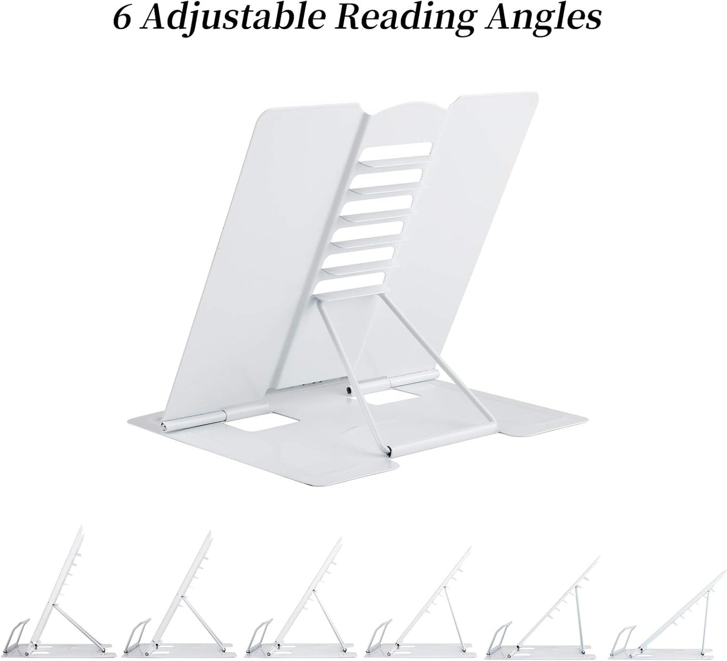 Blizzow Desk Book Stand Holder - Hands Free, Adjustable Metal Stand, Lightweight Foldable Portable - Cookbook, Recipe, Tablet, Music, Documents (White)