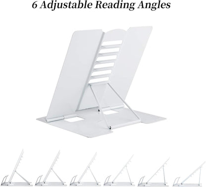 Blizzow Desk Book Stand Holder - Hands Free, Adjustable Metal Stand, Lightweight Foldable Portable - Cookbook, Recipe, Tablet, Music, Documents (White)