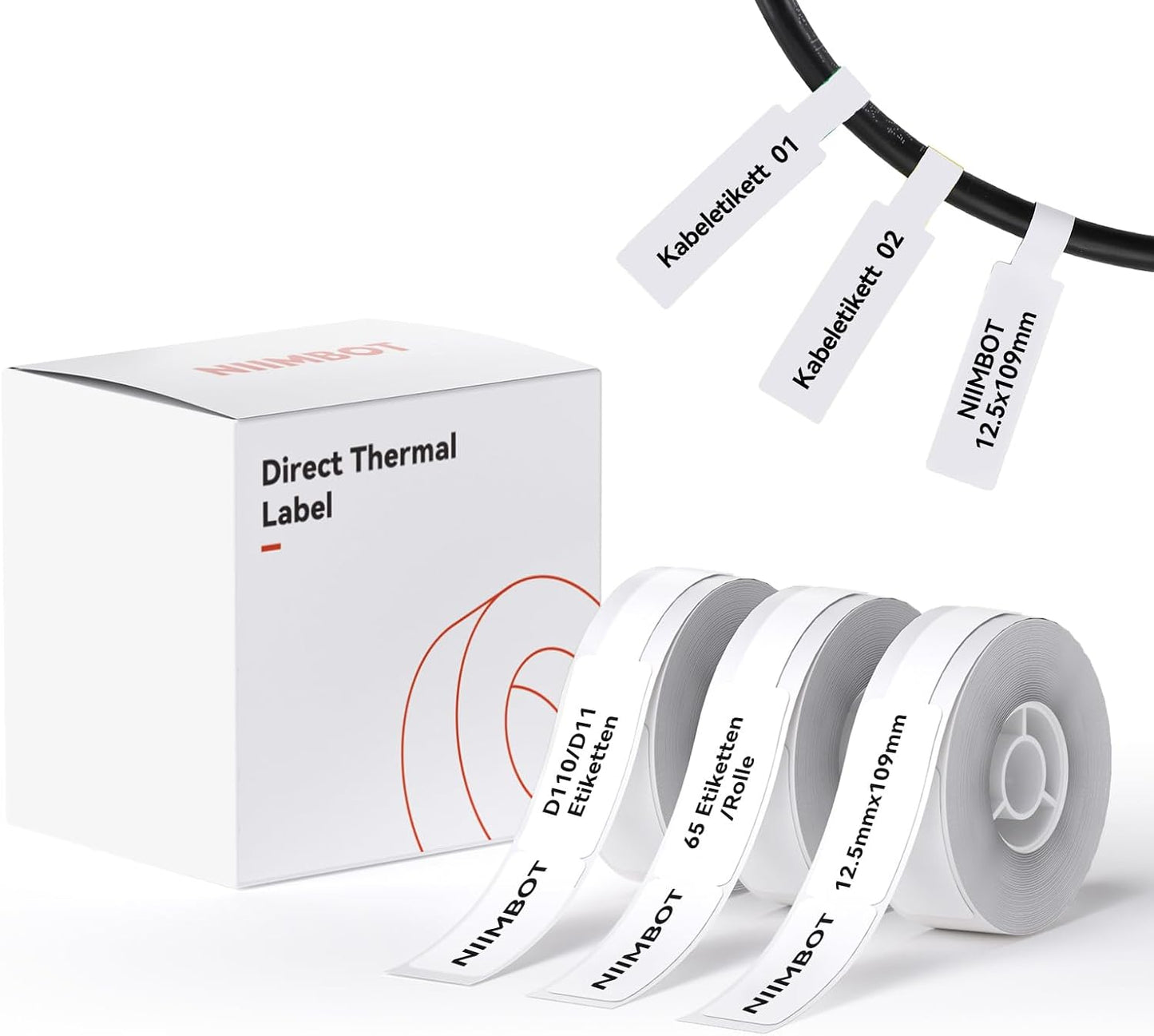 NIIMBOT D11 Label Tape D110 Label Maker Papers 3Rolls Cable Labels, Self-Adhesive Labeling Tape 0.47" X 4.29" (12 X 109mm) Cable Label Refills for Home Office Circuit Box, 195 Labels/3Rolls, White