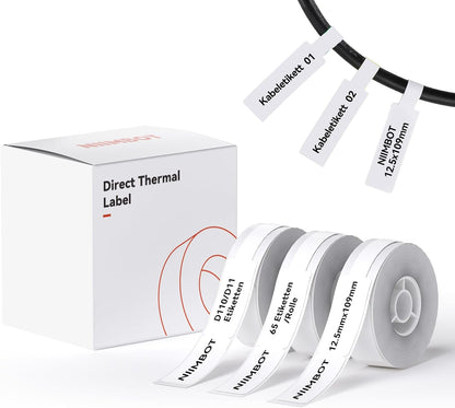 NIIMBOT D11 Label Tape D110 Label Maker Papers 3Rolls Cable Labels, Self-Adhesive Labeling Tape 0.47" X 4.29" (12 X 109mm) Cable Label Refills for Home Office Circuit Box, 195 Labels/3Rolls, White