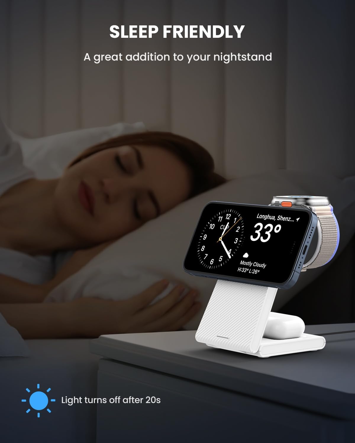 Charging Station for iPhone and Apple Watch: 3 in 1 Wireless Phone Charger Stand for iPhone 17 16 15 14 13 12 11 Pro Max & AirPods, Bedside Nightstand Docking