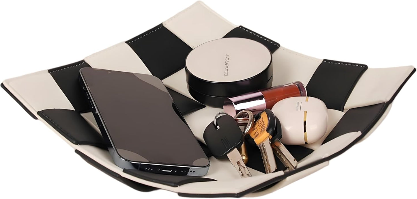 Valet Tray for Men Leather Key Tray for Entryway Table Bedside Nightstand, Desktop Organizer Catch-All for Wallet, Watch, Remote, Keys, Cell Phones, Checkerboard