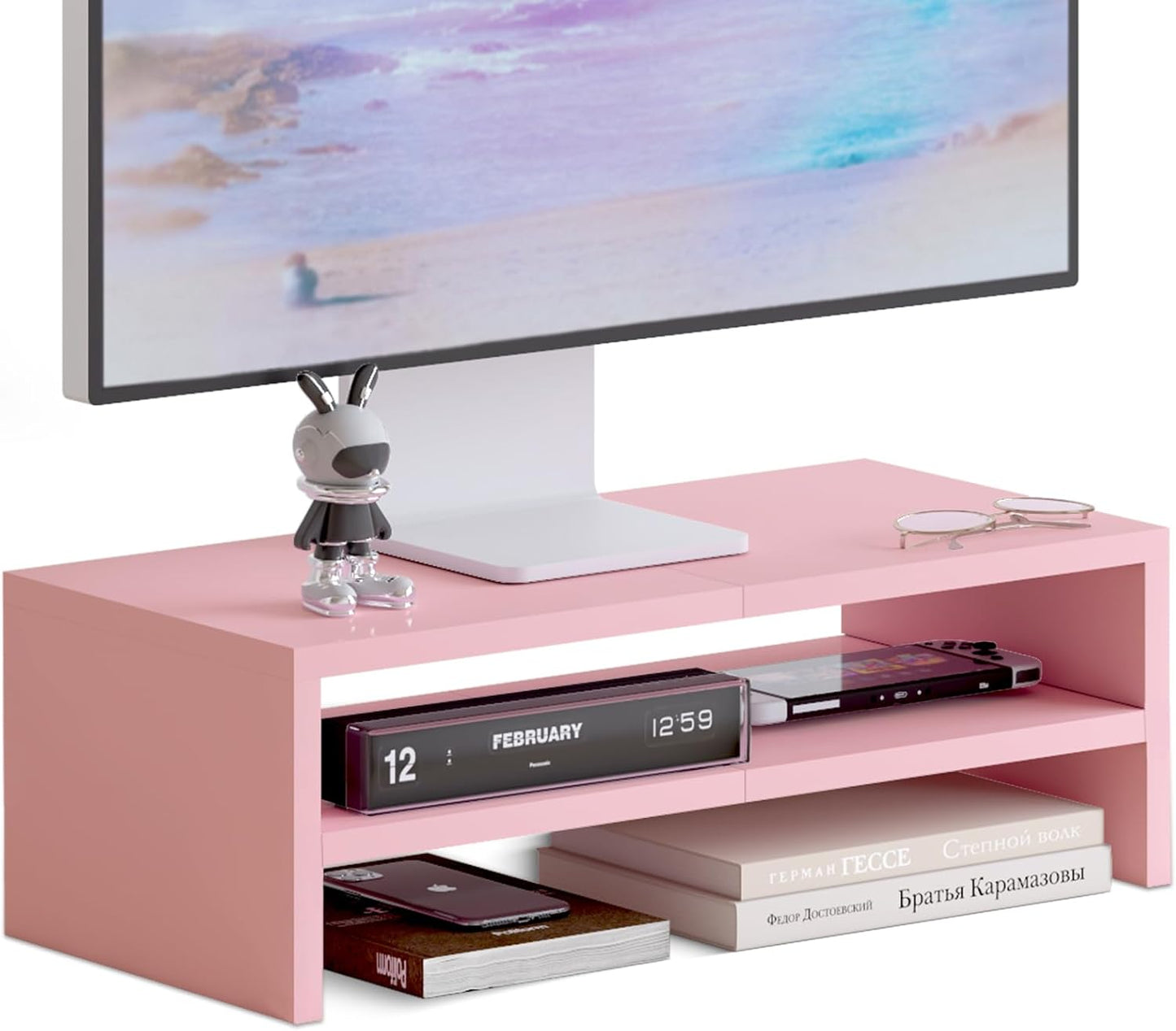 TEAMIX 2 Tiers Wooden Desktop Monitor Stand Riser 20 Inch Printer Stand with Double Storage Small TV Riser Laptop Keyboard Holder Business Desk Organizer Shelf Black Bookshelf