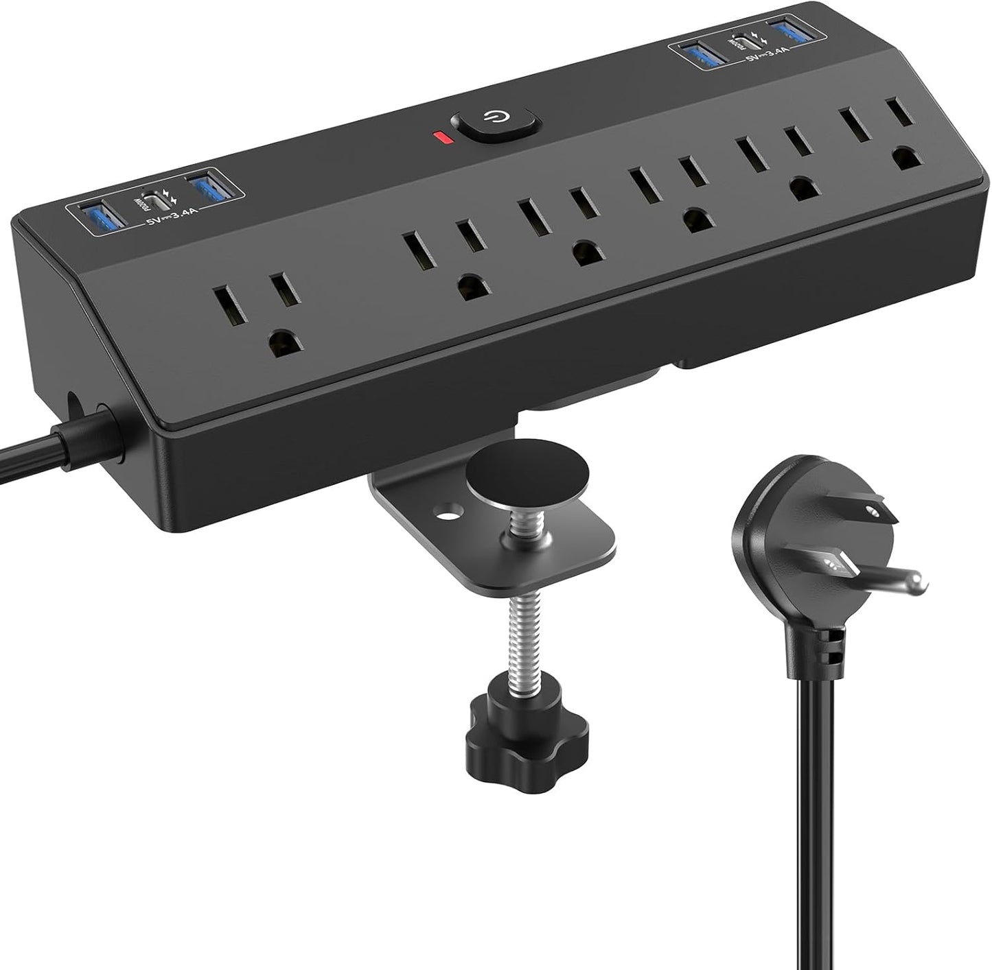 Desk Clamp Power Strip with 40W Fast Charging Station, JXGUCAT 10FT Flat Plug Desk Mount Power Strip Surge Protector, Removable Extension Cord with 2 USB-C Ports 6 Outlets, Fits 1.8" Tabletop Edge