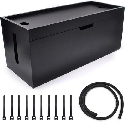 15 inch Bamboo Large Cable Management Box, Cable Box Organizer Cord Box Hider - Power Strip Box Hider Cable Storage Box for Office, TV Wires, Desk Cord Organizer, No Assembley Required, Bamboo (Black)