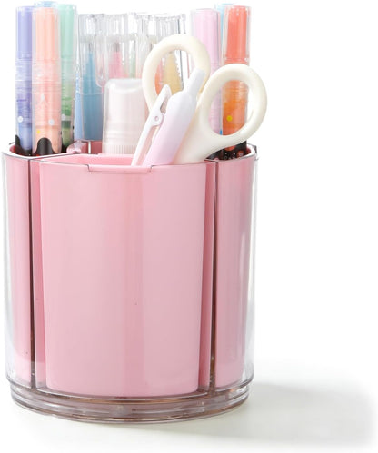 Comix 360° Rotating Pen Holder for Desk, Cute Pencil Holder Pen Organizer, Beige Acrylic Pencil Cup Caddy with 5 Slots for Home School Office Supplies