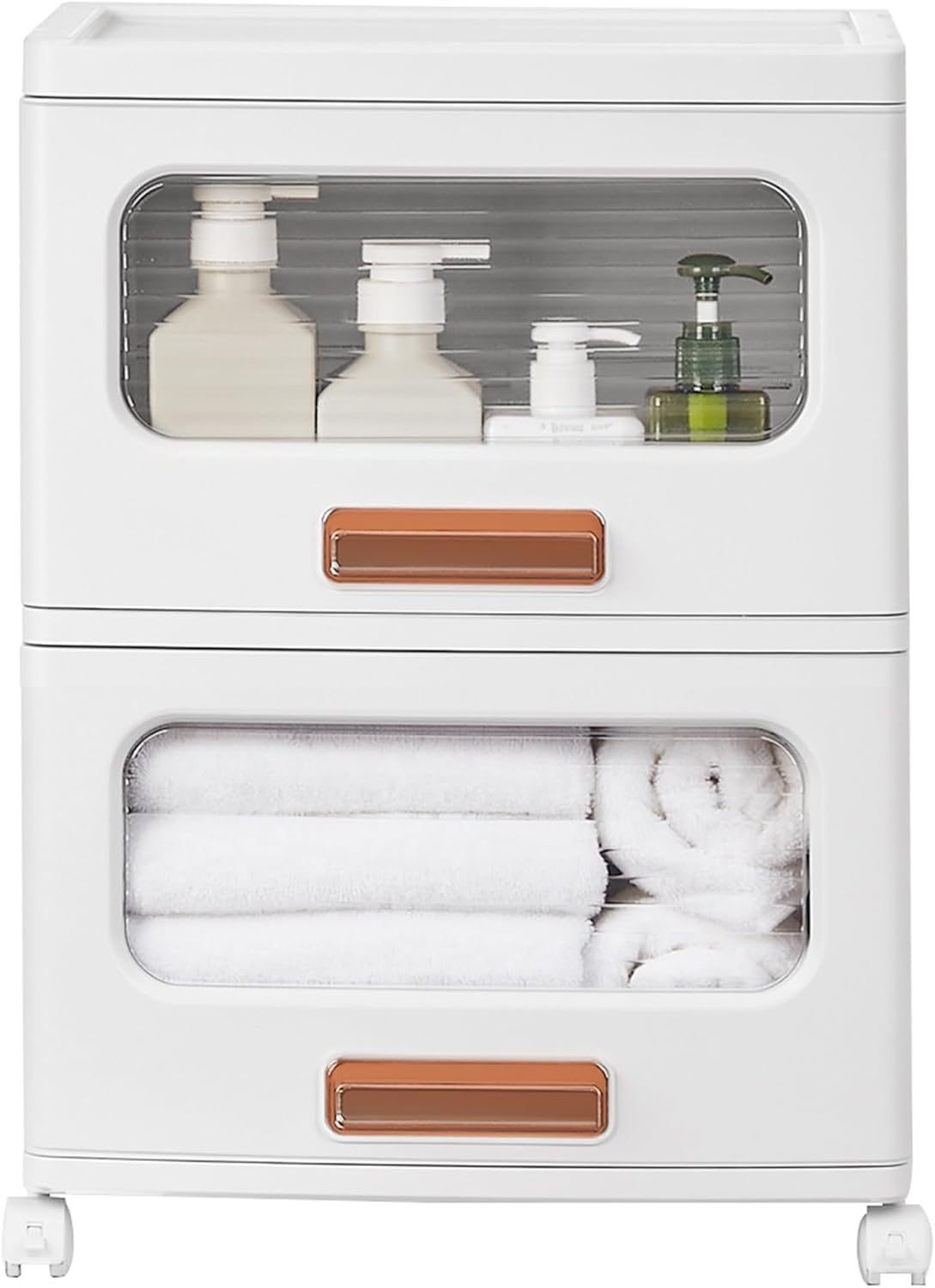 VECELO Plastic Storage Cabinet with Drawers, Stackable Storage Bins with Wheels, Waterproof Bathroom Storage Organizer, Multi-Tier Closet Storage for Bedroom, Living Room, Kitchen, Large 2-Tier