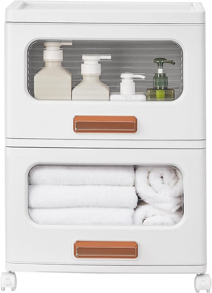 VECELO Plastic Storage Cabinet with Drawers, Stackable Storage Bins with Wheels, Waterproof Bathroom Storage Organizer, Multi-Tier Closet Storage for Bedroom, Living Room, Kitchen, Large 2-Tier