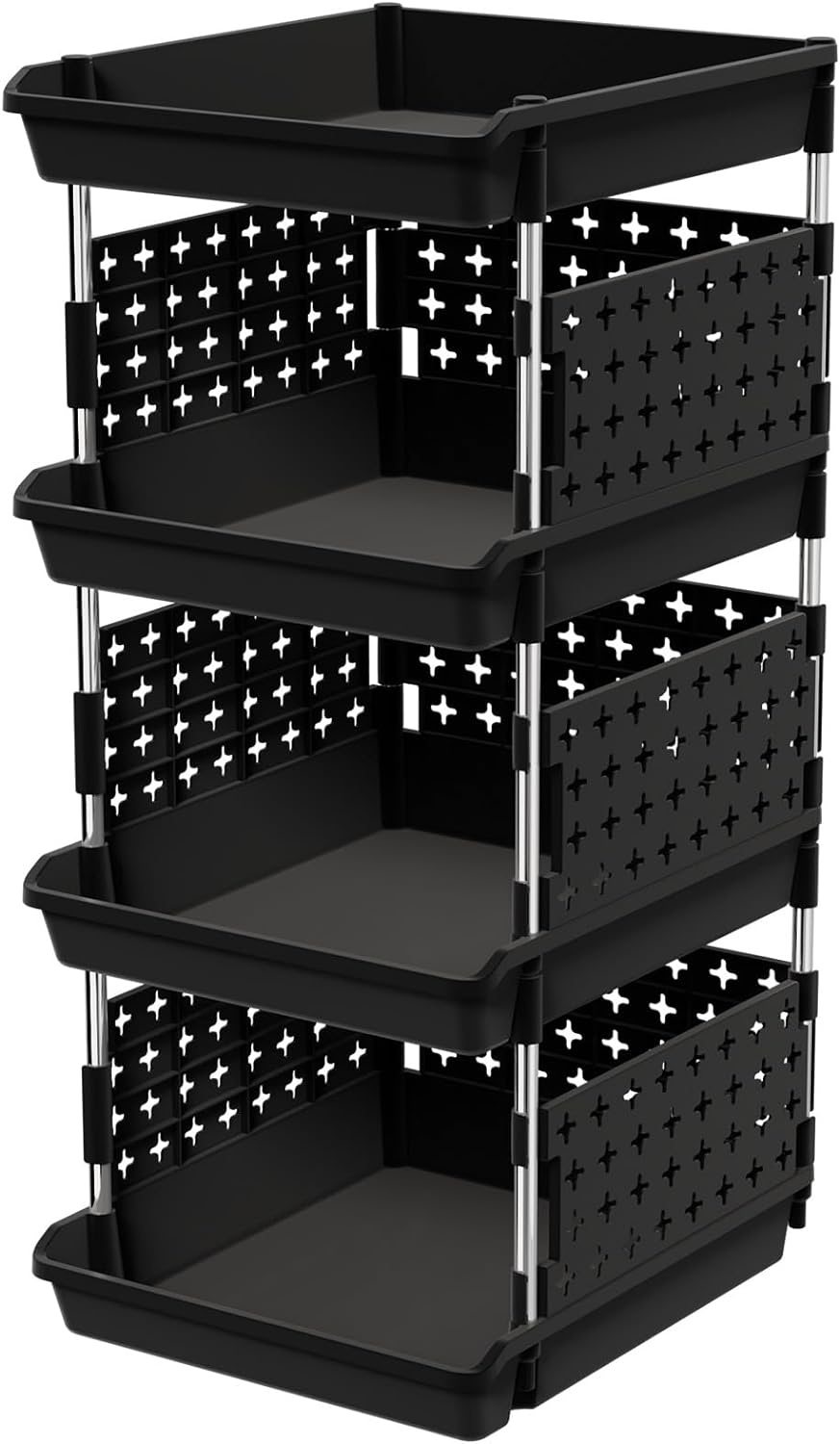 Lifewit Plastic Stackable Storage Baskets, 4 Tier Stacking Bins for Food and Clothes, Multifunctional Organizer for RV, Kitchen, Playroom, Pantry and Bathroom, 13.8"D x 11.8"W x 28.3"H, 1 Pack, White