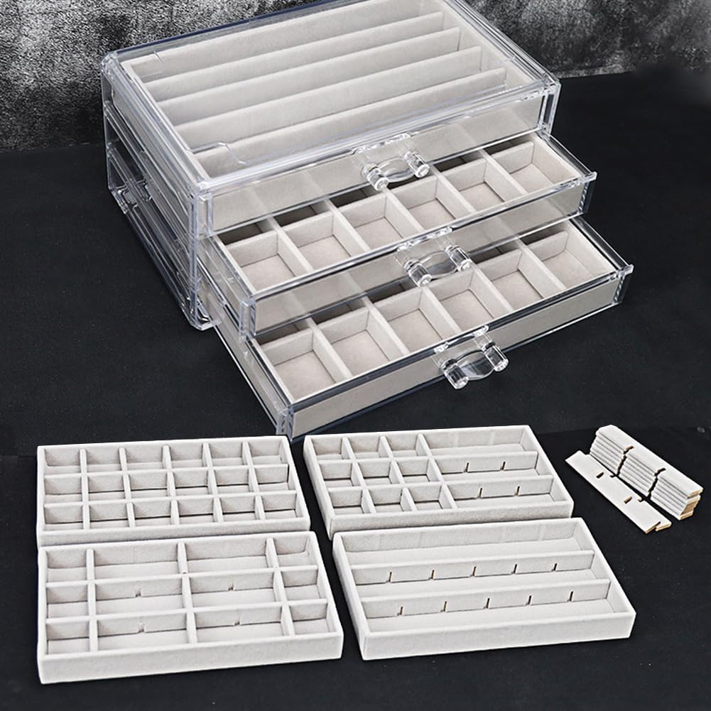 YUFONG Earring Organizer Box Acrylic Jewelry Organizer with 3 Drawers 54 Adjustable Grids Clear Stackable Earring Holder Velvet Trays Ring Display Case for Women Girls (Beige)