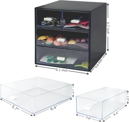 Desk Organizer with Drawer, Desk Storage Box, Plastic Office Stationery Supplies Organizers, Desktop Organizer for Office School Home (4 drawer, Black)