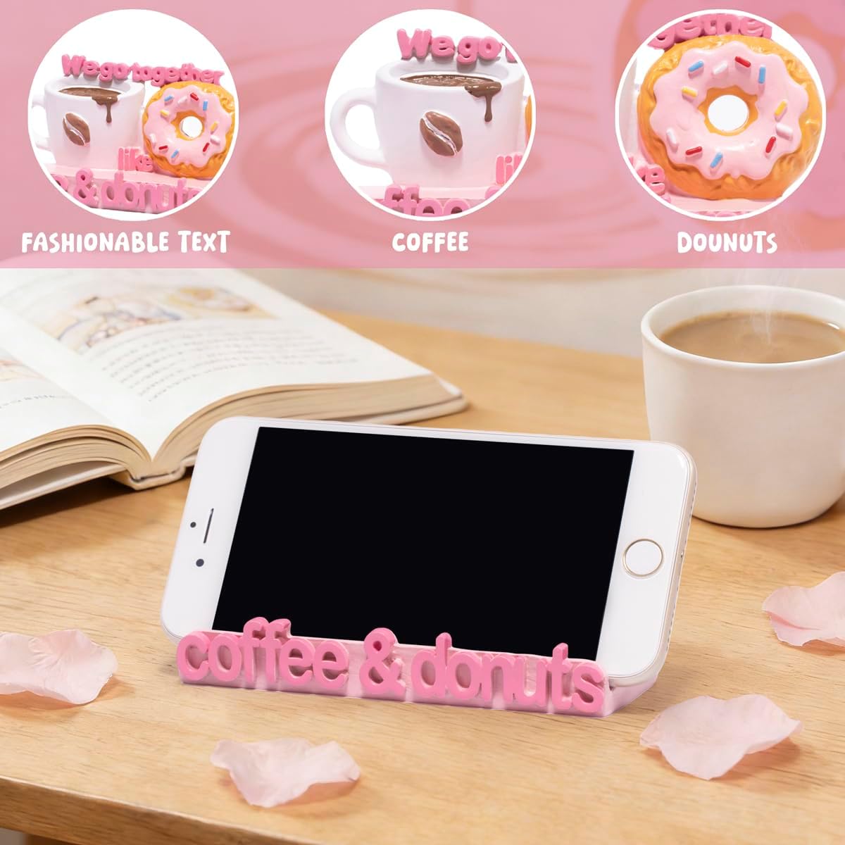 ZAWUU Coffee & Donuts Phone Stand - Cute Resin Phone Holder for Desk, Bedside Table, and Kitchen Counter, Adjustable Vertical & Horizontal Display, Fun Gift for Coffee Lovers, Women, and Teens