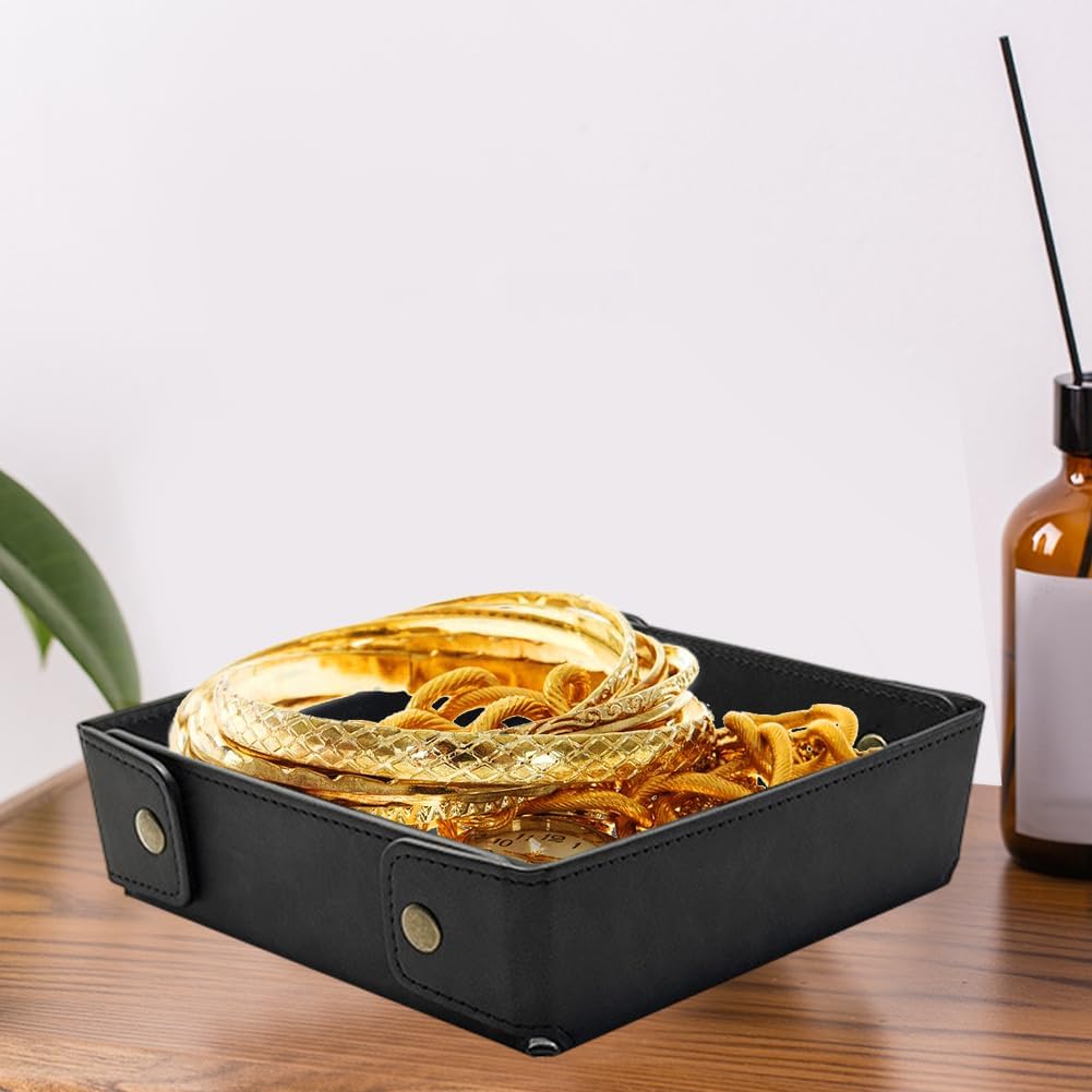 Portable PU Leather Valet Tray for Travel Foldable Leather Jewelry Storage Case Catchall Dish Plate Necklace Black Pendant Organizer Holder Container for Men Women Desk Bedside Drawers