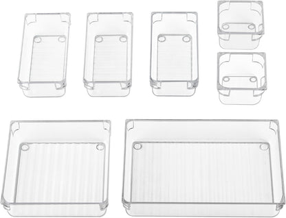 AMEITECH 7 PCS Clear Drawer Organizer Set, 4 Sizes Acrylic Drawer Storage Trays, Plastic Desk Drawer Organizer for Office, Storage Bins for Makeup, Vanity, Bedroom, Kitchen Gadgets Utensils