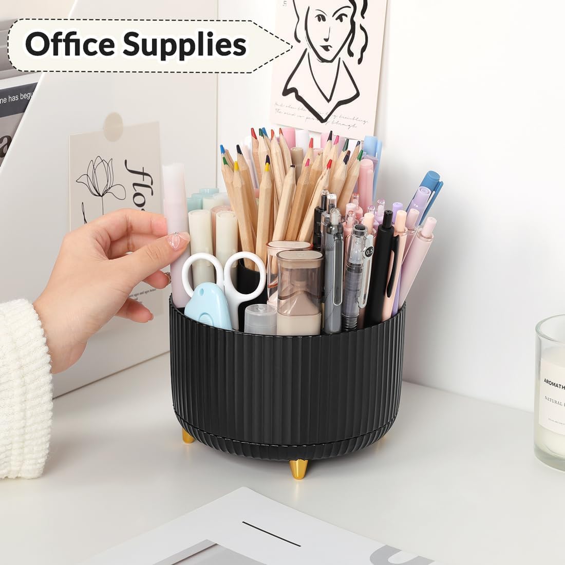 SKYDUE 360 Rotating Purple Pen & Art Supply Organizer - 5 Slot Desk Organizer for Office, School, Home